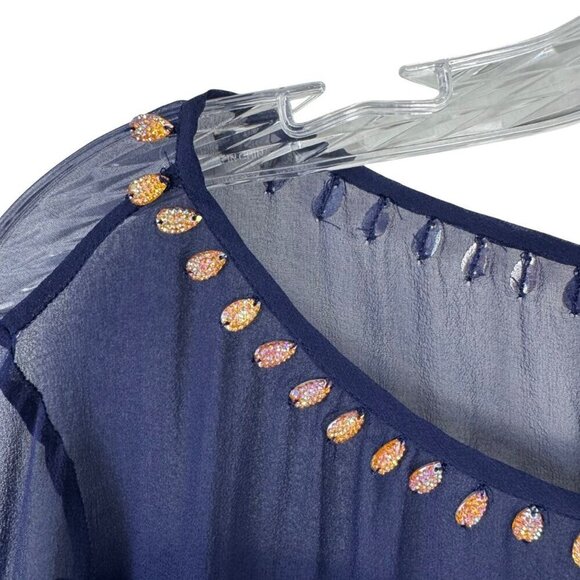 French Connection NEW 100% Silk Navy Blue Embellished Beaded Blouse Top Size 10 - Picture 4 of 10